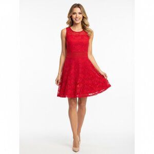 "Bluenotes Red Floral Lace Double Layered Fit & Flare Dress (M)